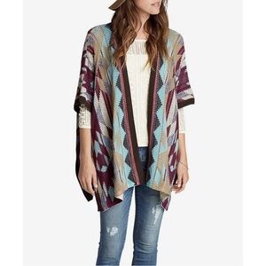 Eddie Bauer Brown Burgundy and Blue Geometric Patterned Poncho Wool blend XL/XXL